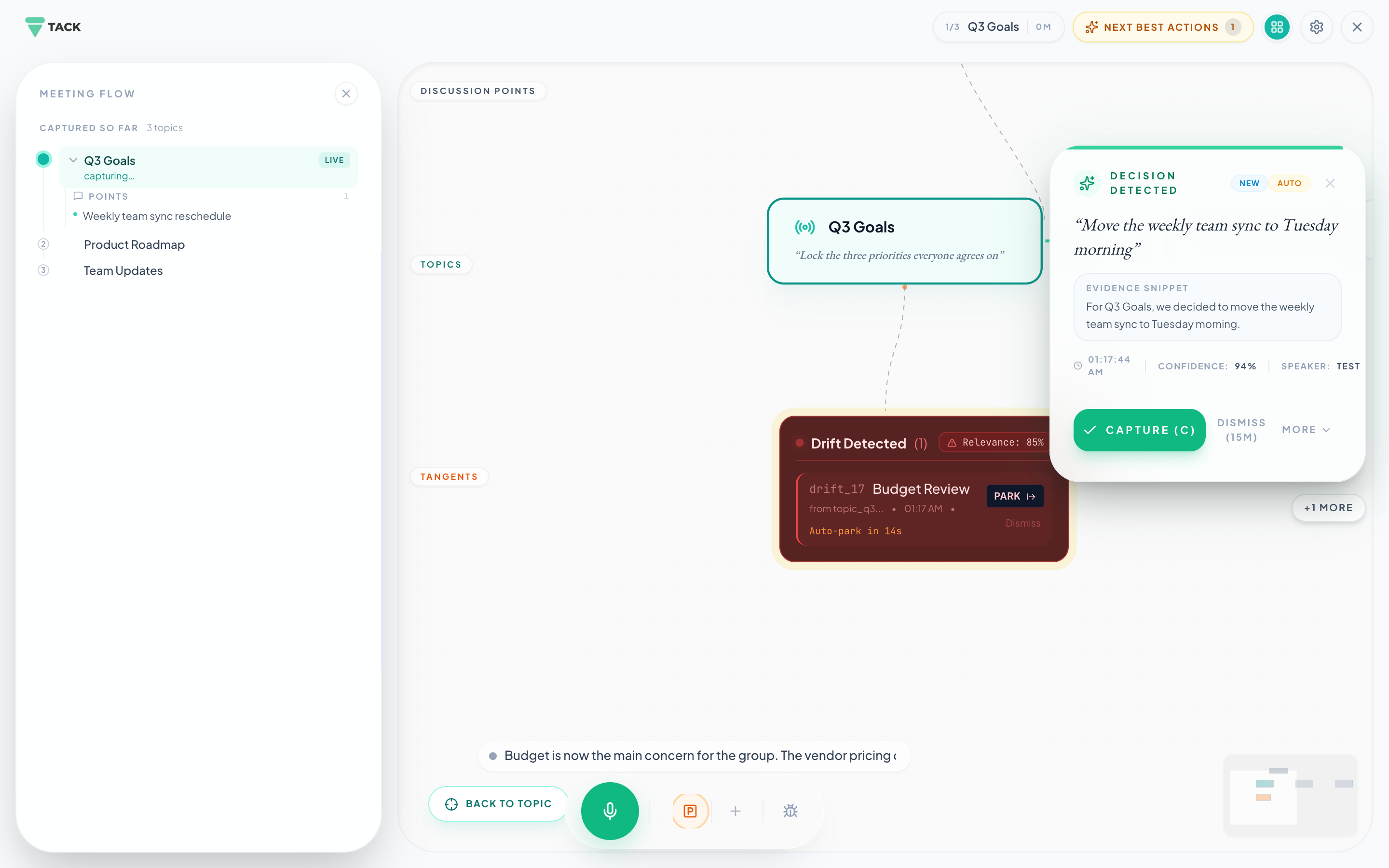 Tack catching topic drift live during a meeting